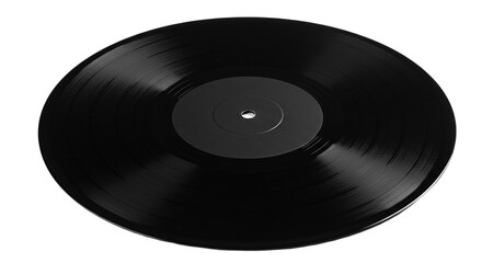 A close up shot of a black vinyl record with a blank label on a black background in a studio...