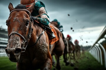 Obraz premium Intense Horse Racing Scene with Jockeys Competing on a Wet Track