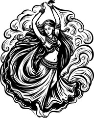 Obraz premium Cyberpunk demonic warriors design, SVG vector. Graceful Belly Dancer in Elegant Pose with Flowing Veil and Swirling Energy