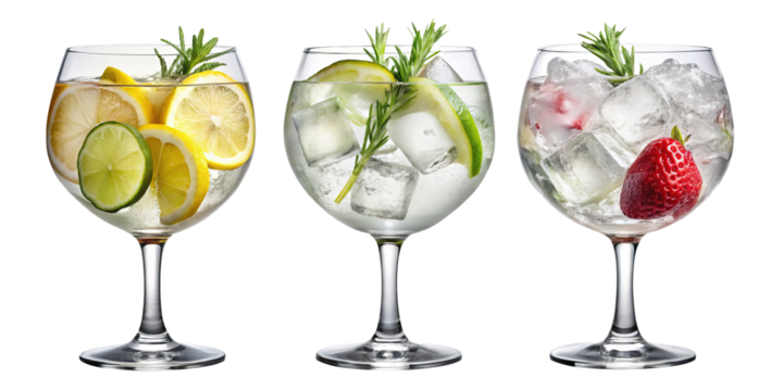 Three refreshing gin tonic cocktails with lemon lime and strawberry on white