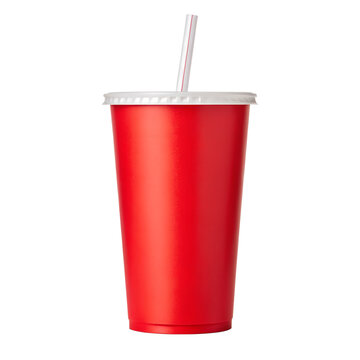 A vibrant red plastic cup filled with soda and a white straw
