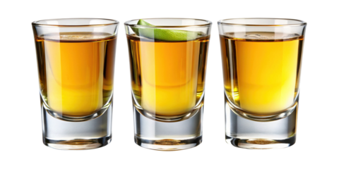 Three shot glasses filled with golden tequila and garnished with lime