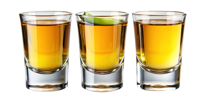 Three shot glasses filled with golden tequila and garnished with lime