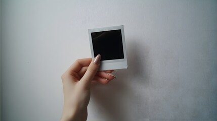 A girl hand holding a vintage polaroid photo mockup minimalist vintage card .