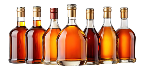 Seven bottles of liquor or spirit with a golden hue isolated on white