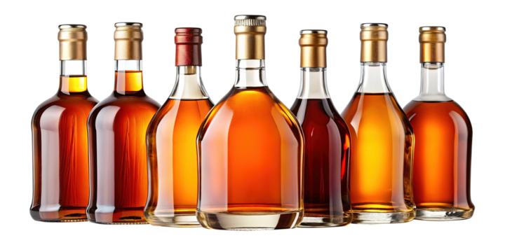 Seven bottles of liquor or spirit with a golden hue isolated on white