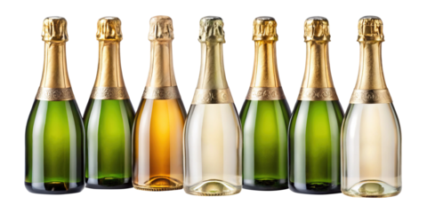 Elegant Arrangement of Champagne Bottles in Varied Hues Against a White Backdrop