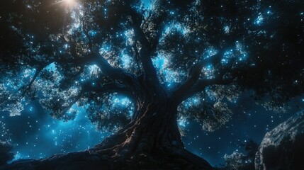 Glowing tree, night sky, magical, ethereal, luminescent.