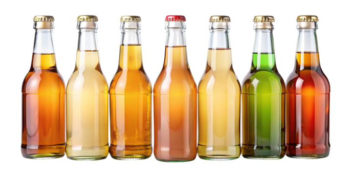Assorted glass bottle beverages in various colors lined up on a white background