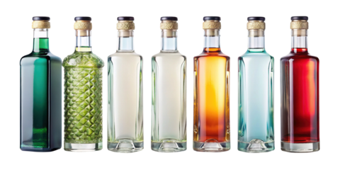 Colorful array of assorted liqueur and spirit bottles on a bright white background