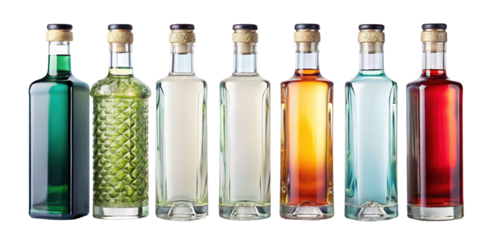 Colorful array of assorted liqueur and spirit bottles on a bright white background