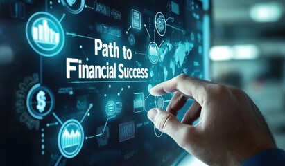 Businessman Touching Virtual Screen: "Path to Financial Success" with Icons
