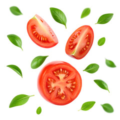 Naklejka premium Fresh Sliced Tomatoes and Basil Leaves Creating a Culinary Masterpiece on Gray Background