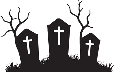 Graveyard black Silhouette with Crosses, Halloween Cemetery Clipart, Spooky Grave Scene Vector, Haunted Tombstone Design, Scary Graveyard.llustration on white background