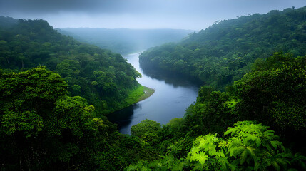 Aerial View Of River Winding Through Lush Green Rainforest