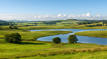 Obraz premium Scenic Landscape With Winding River And Green Meadows