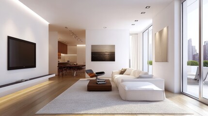 Contemporary living room with open floor plan and city view