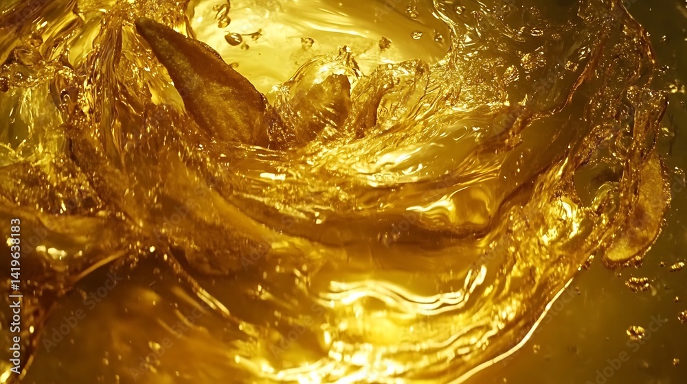 Poster close-up of golden liquid swirling dynamically, creating mesmerizing patterns in a vibrant environme