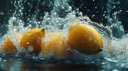 A bunch of ripe lemons, with water droplets, falling into a deep black water tank 