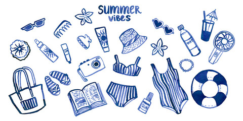 Hand drawn watercolor coastal resort stuff with swimsuit, hat, flip-flops, bag,sunscreen  cream. Can use for print, clothes print, t-shirt, poster, check-list, invitation, illustration, element design