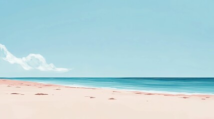Fototapeta premium Serene beach scene: pale sand, calm ocean, blue sky.