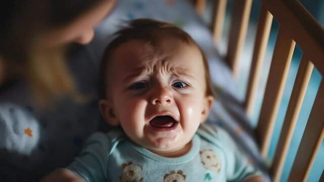 A baby is crying in a crib while a woman looks on. The baby is wearing a blue shirt with a monkey on it