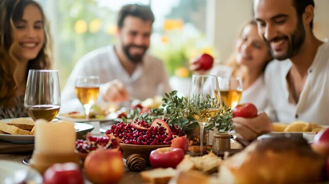A group of people are sitting around a table with a variety of food and drinks, including wine glasses and apples. The atmosphere is warm and inviting, with everyone enjoying each other's company