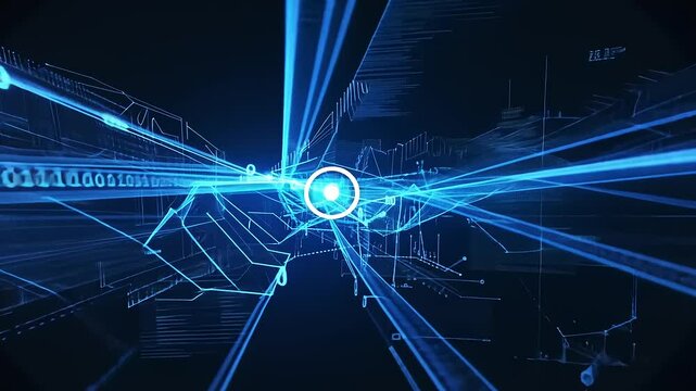Futuristic digital landscape with flowing data streams and glowing binary code in a tech environment