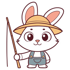 Cartoon White Rabbit Wearing Overalls Holding Fishing Rod on Transparent Background