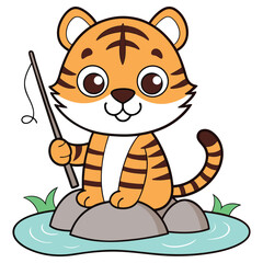 Cartoon Tiger Fishing Rod, Sitting on Rock in Pond, Outline, Orange Fur