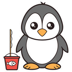 Cute Gray Penguin Cartoon with Bucket and Fishing Rod on White Background
