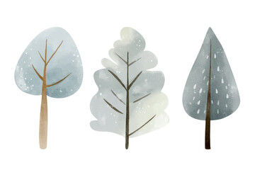 Set of watercolor trees. Cute fairy snowy trees. Wintertime nature. Hand drawn childlike illustration.