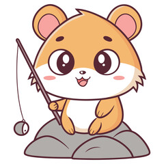 Cartoon Hamster Fishing Standing on Rocks with Big Eyes on White Background