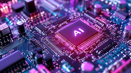Obraz premium Close-up view of a futuristic circuit board featuring an AI chip with vibrant lighting effects