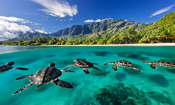 Five sea turtles swimming in clear turquoise waters near a lush tropical beach
