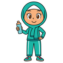Cartoon Muslim Woman in Hijab Holding Water Bottle on Transparent Background