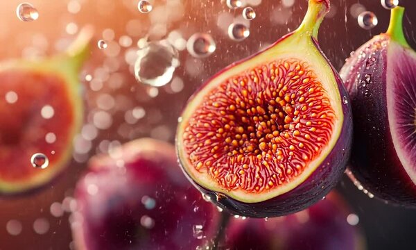 Fresh figs splashing in water, highlighting juicy interior and droplets