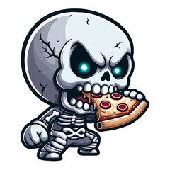 Cute Skeleton Eating Pizza Cartoon Illustration