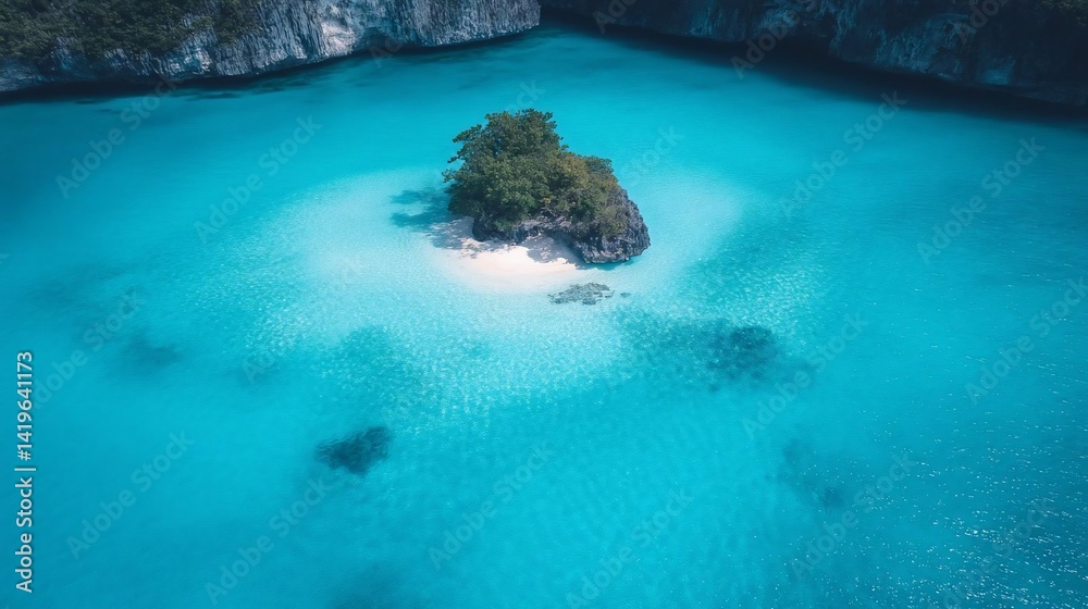 Poster aerial view of a small island with lush green vegetation surrounded by clear turquoise water reflect