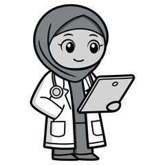 Cartoon Muslim Doctor Reading Report in White Coat with Stethoscope on White