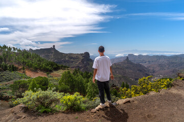 Naklejka premium Young man hiking at the top of Gran Canaria Island in a sunny day. Canary islands. Spain