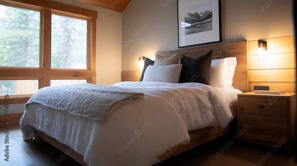 Aufkleber a cozy bedroom featuring a wooden bed frame with white bedding and various pillows next to wooden ni