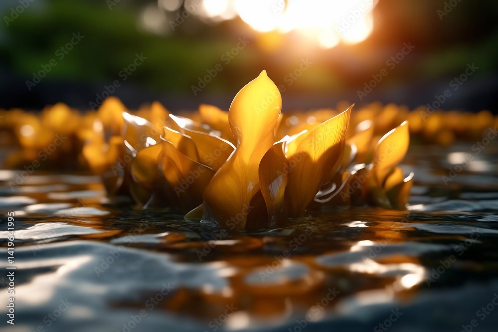 Leinwandbilder Close-up view of golden seaweed floating in calm water illuminated by warm sunlight creating a serene and tranquil ambiance. Focus on the intricate details and textures