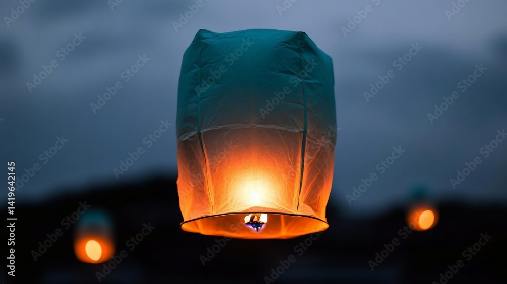 Aufkleber Floating sky lanterns illuminated against a dusky twilight sky. Orange and turquoise hues blend creating a serene and festive ambiance. Focus on the central lantern with blurred background lanterns
