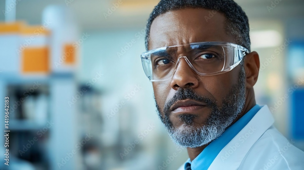 Poster focused person in lab coat and protective eyewear against a blurred laboratory setting expressing in