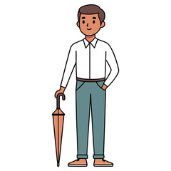 Standing African Man Holding Umbrella with Hand in Pocket, Cartoonish Style