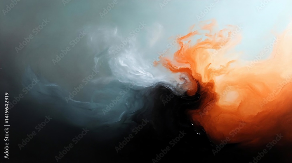 Poster Abstract painting with fluid forms features swirling colors of orange white and black creating an ethereal atmospheric composition. The light gradients evoke a sense of depth and motion