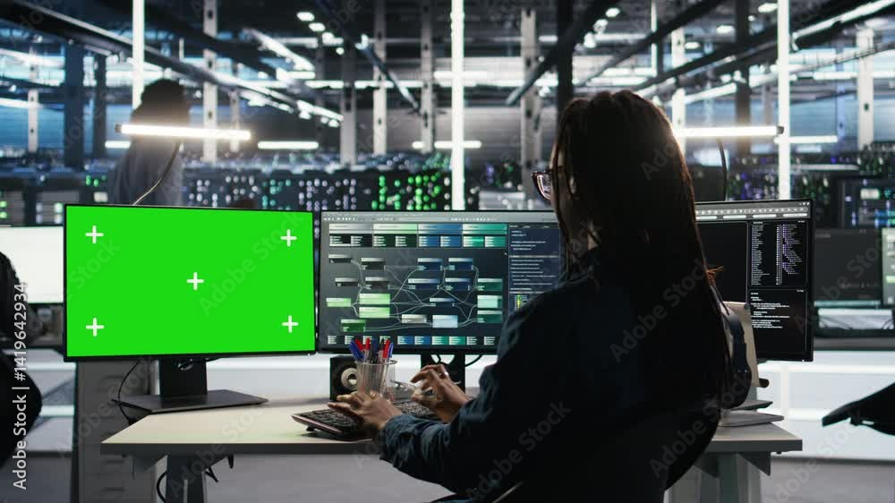 Poster data center technician using node tree software on green screen pc to analyze datasets. server room 