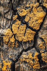 Golden Lichen on Cracked Bark Tree Texture