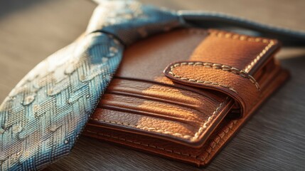 A classic leather wallet with blue tie detail on rustic wood, celebrating Father's Day with timeless craftsmanship and warmth.